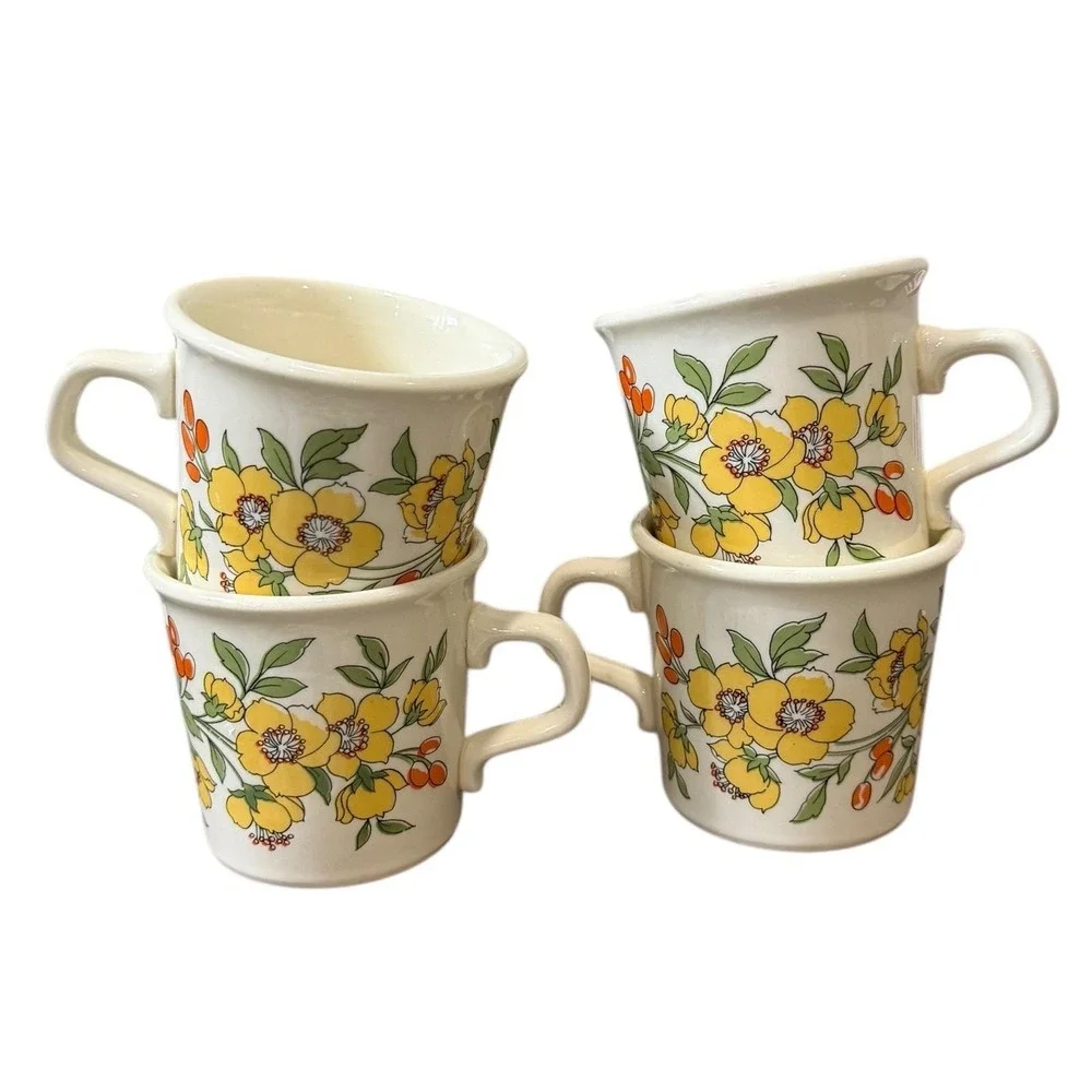 Vintage 70s Floral Mugs Taylor USA Set‎ 4 Yellow Orange Boho Retro Cups